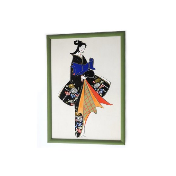 Vintage Other - Original Japanese Girl Geisha Gouache Painting Unsigned Framed